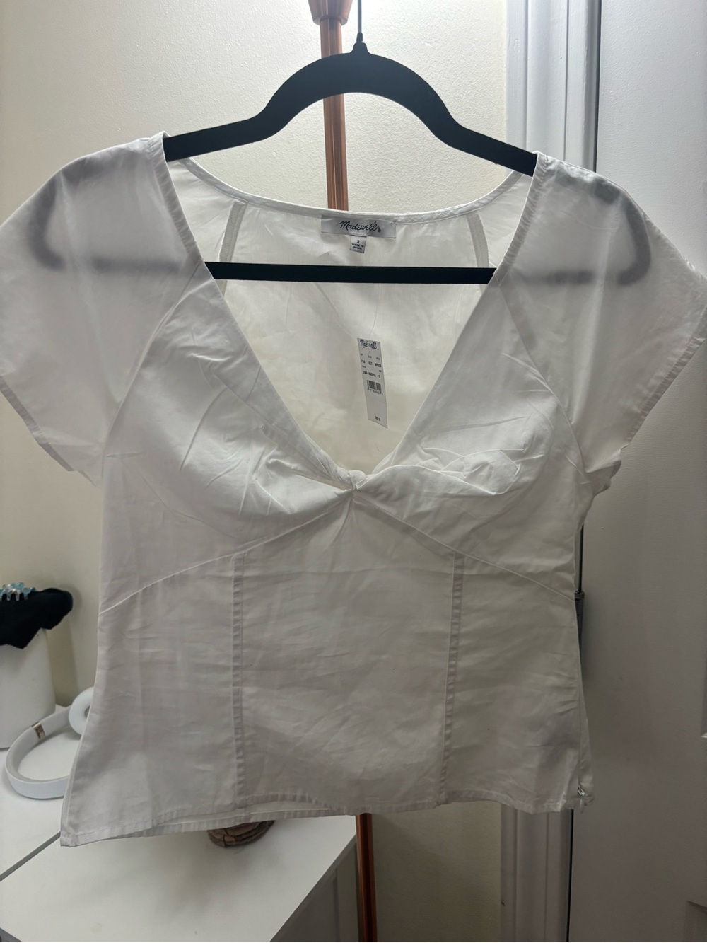 Madewell White V-Neck Twist-Front Short Sleeve Top